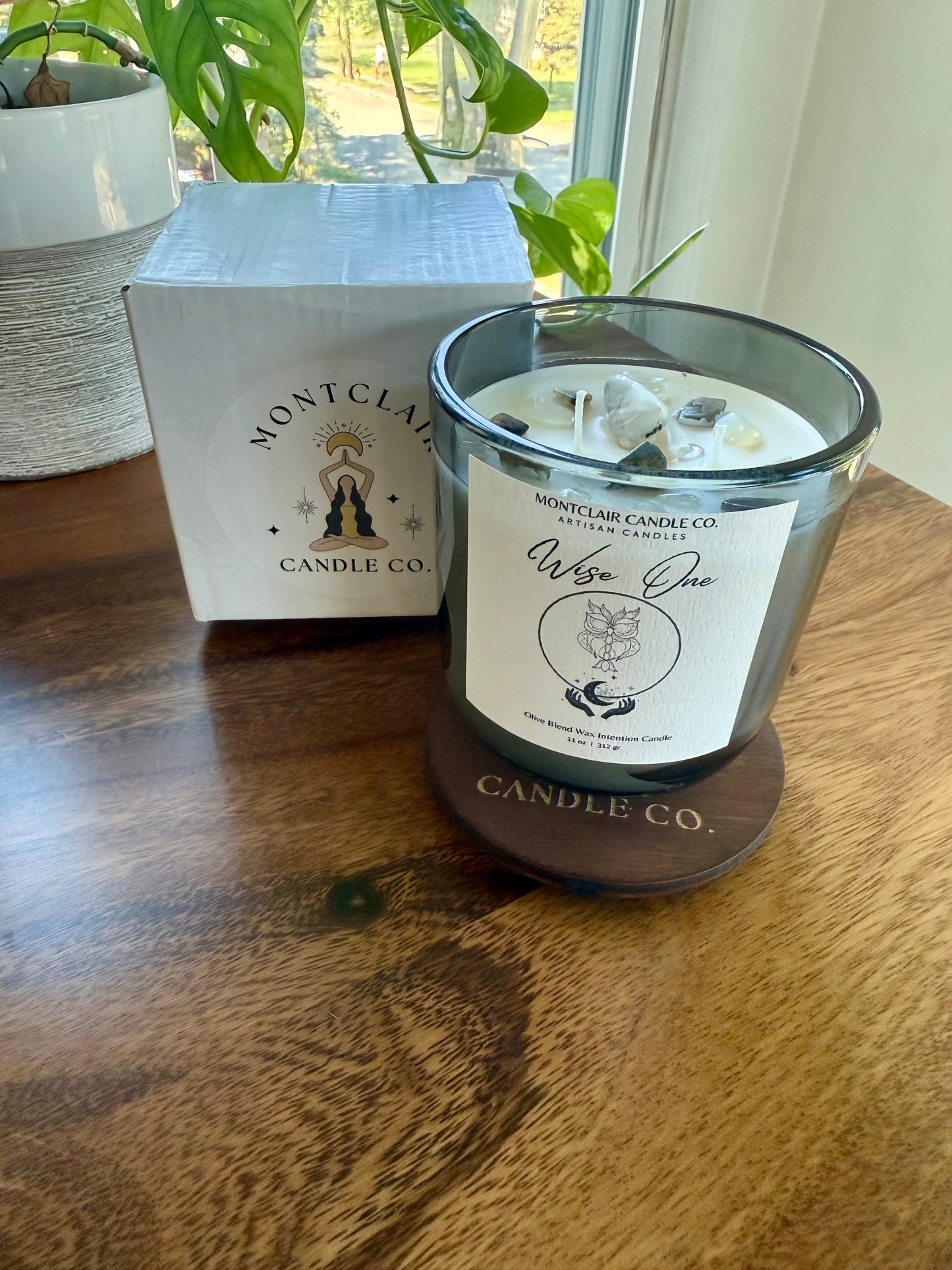 Wise One Crystal candle with candle placed on cover